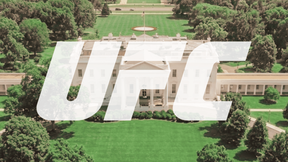 UFC White House arena rendering — custom Octagon on the South Lawn with the White House illuminated behind it
